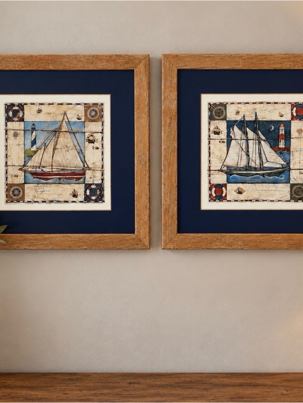 Coastal Sailboat Wall Art Set - Blue and Natural Wood